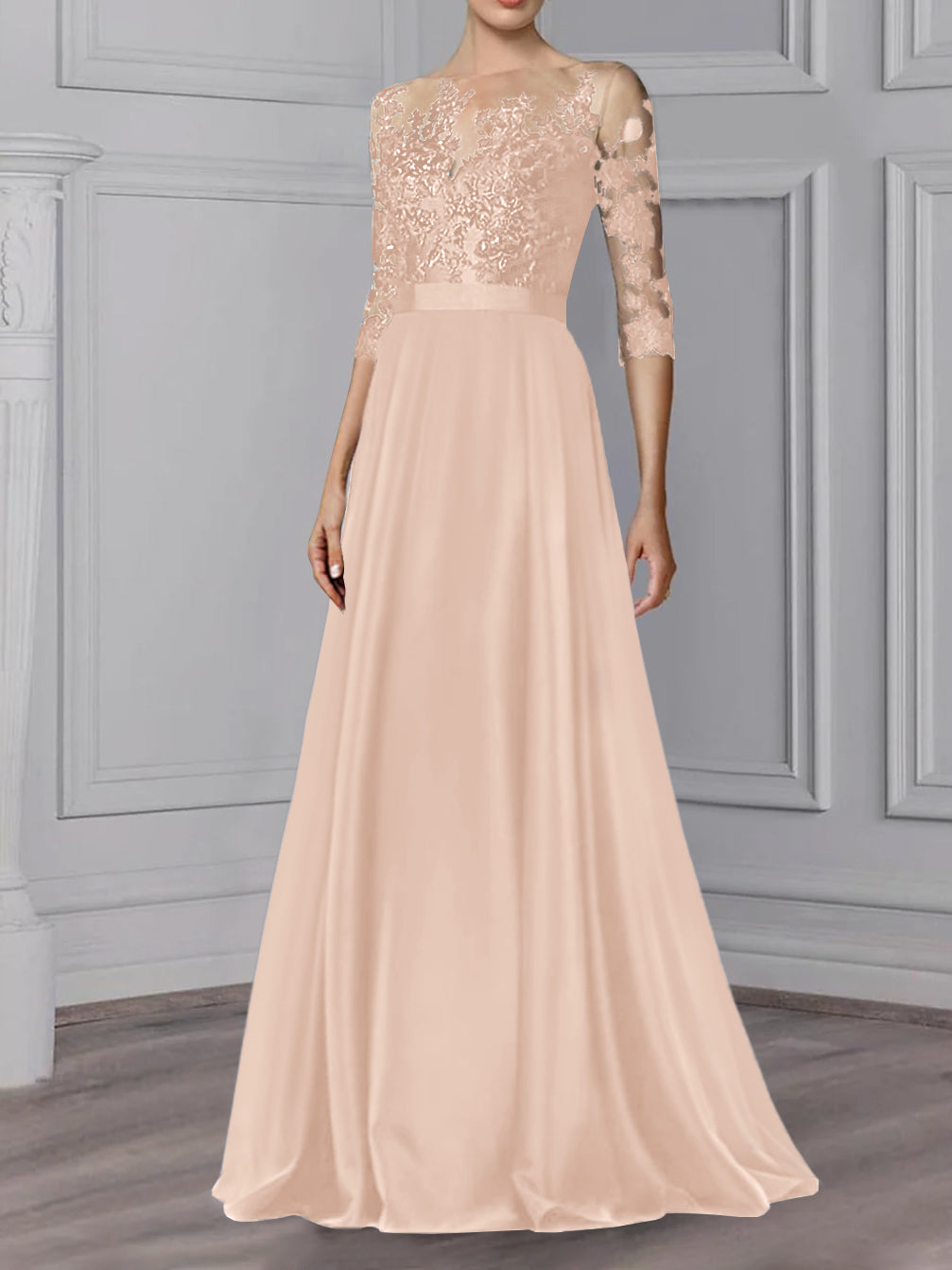 Floor-Length Mother of the Bride A-Line Dress with Jewel Neck and 3/4 Sleeves