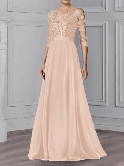 Floor-Length Mother of the Bride A-Line Dress with Jewel Neck and 3/4 Sleeves