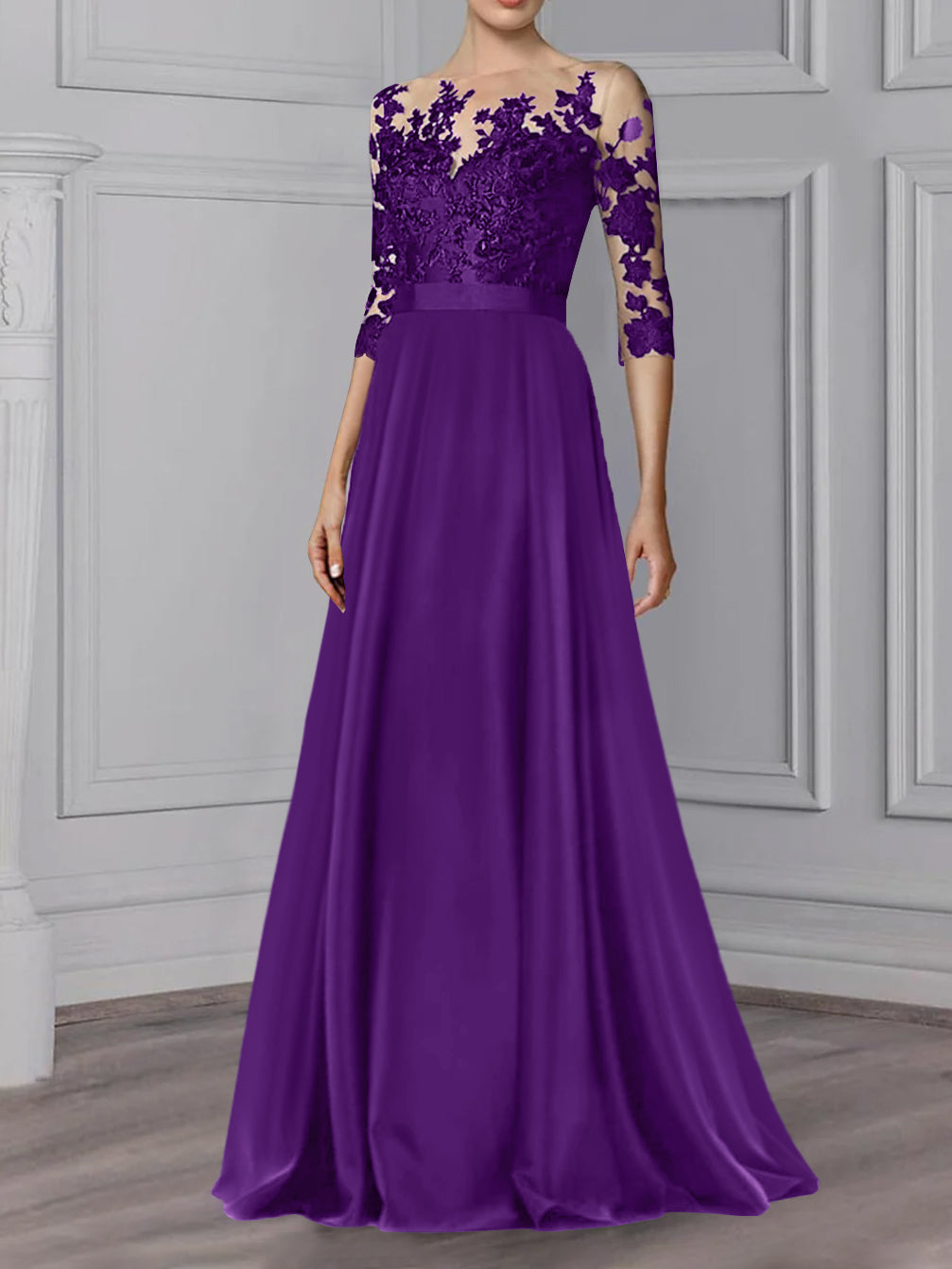 Floor-Length Mother of the Bride A-Line Dress with Jewel Neck and 3/4 Sleeves