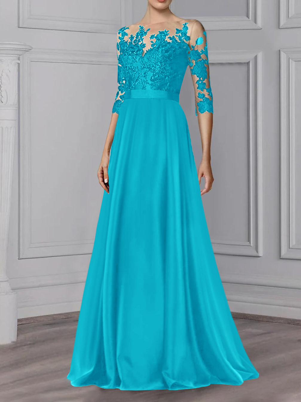 Floor-Length Mother of the Bride A-Line Dress with Jewel Neck and 3/4 Sleeves
