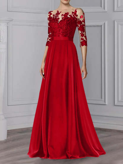 Floor-Length Mother of the Bride A-Line Dress with Jewel Neck and 3/4 Sleeves