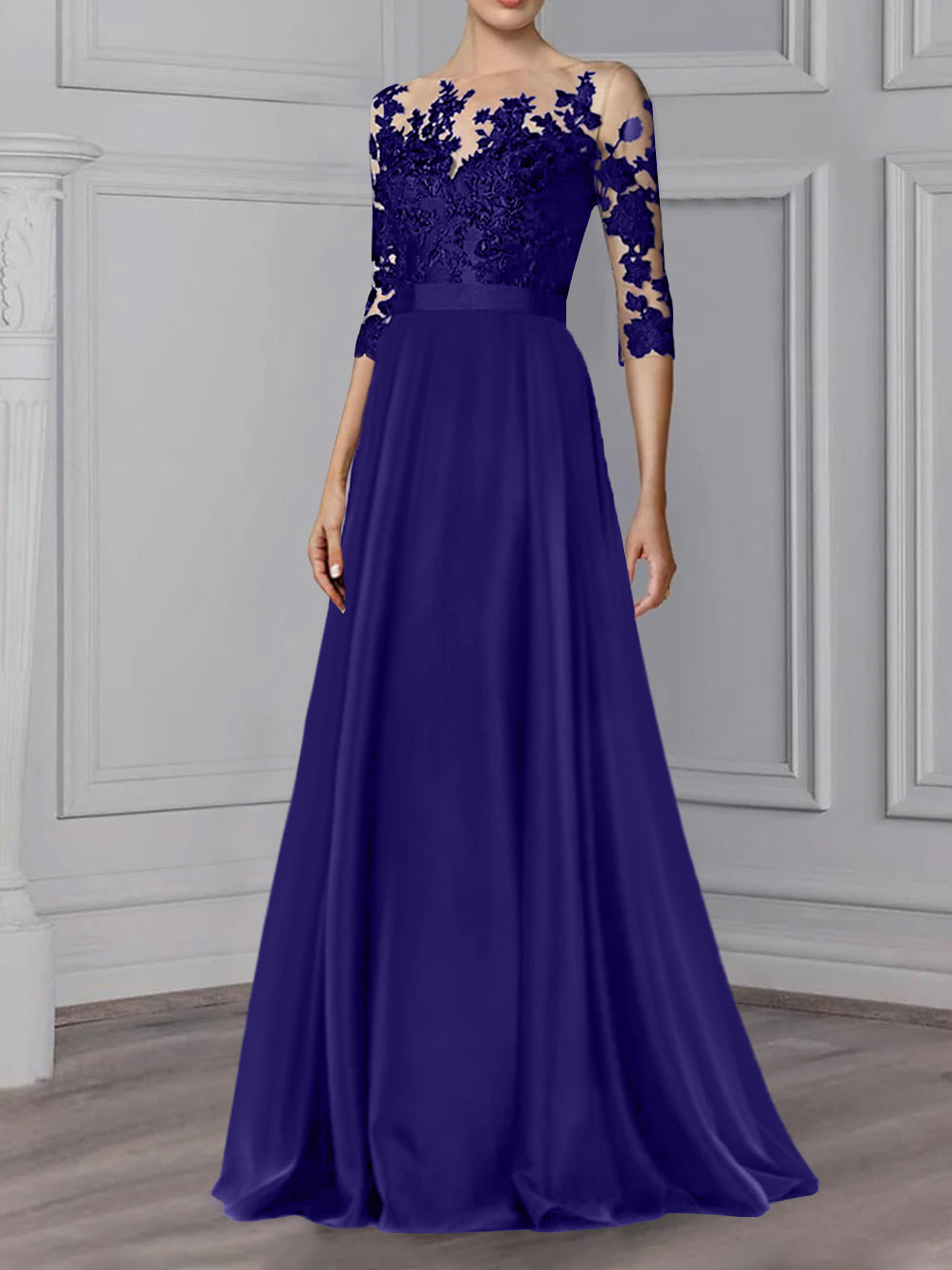 Floor-Length Mother of the Bride A-Line Dress with Jewel Neck and 3/4 Sleeves
