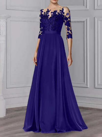 Floor-Length Mother of the Bride A-Line Dress with Jewel Neck and 3/4 Sleeves