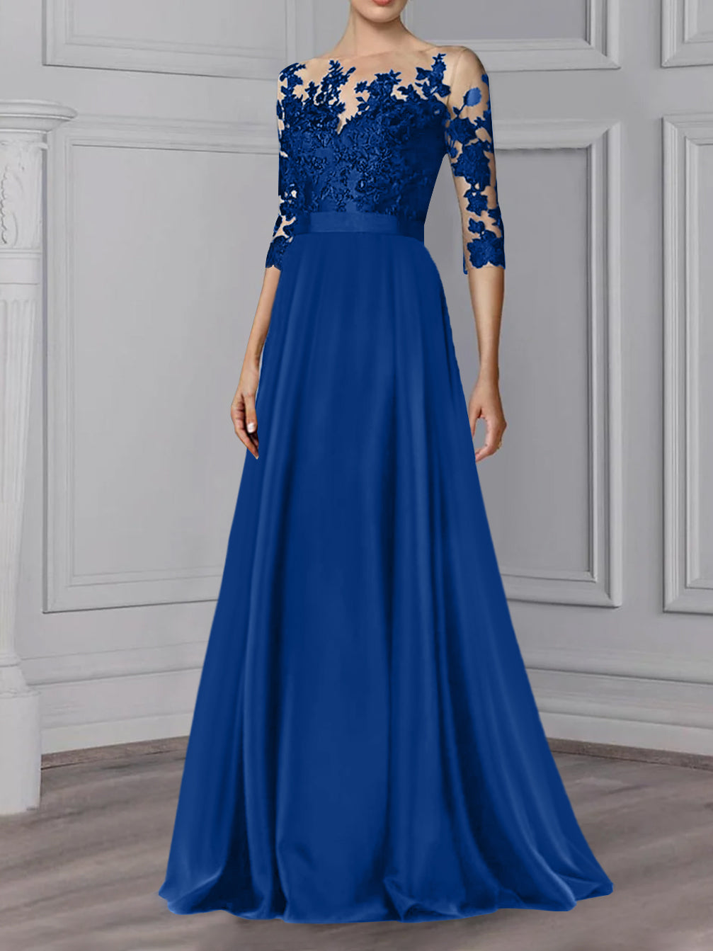Floor-Length Mother of the Bride A-Line Dress with Jewel Neck and 3/4 Sleeves