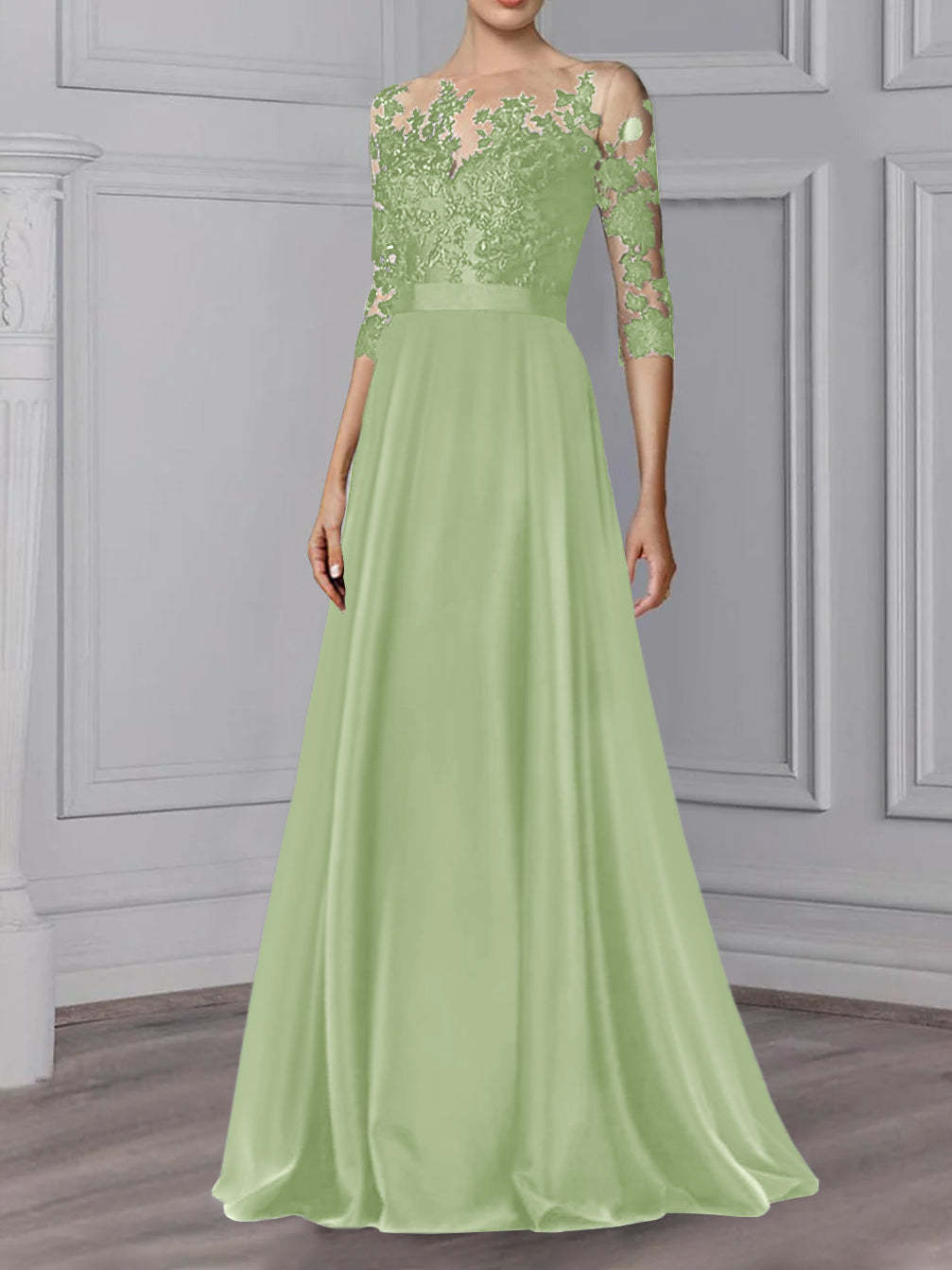 Floor-Length Mother of the Bride A-Line Dress with Jewel Neck and 3/4 Sleeves