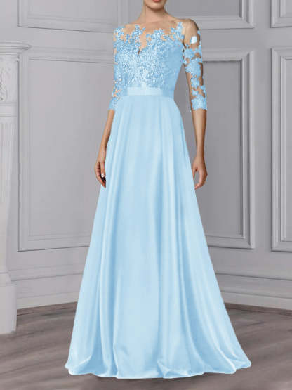 Floor-Length Mother of the Bride A-Line Dress with Jewel Neck and 3/4 Sleeves