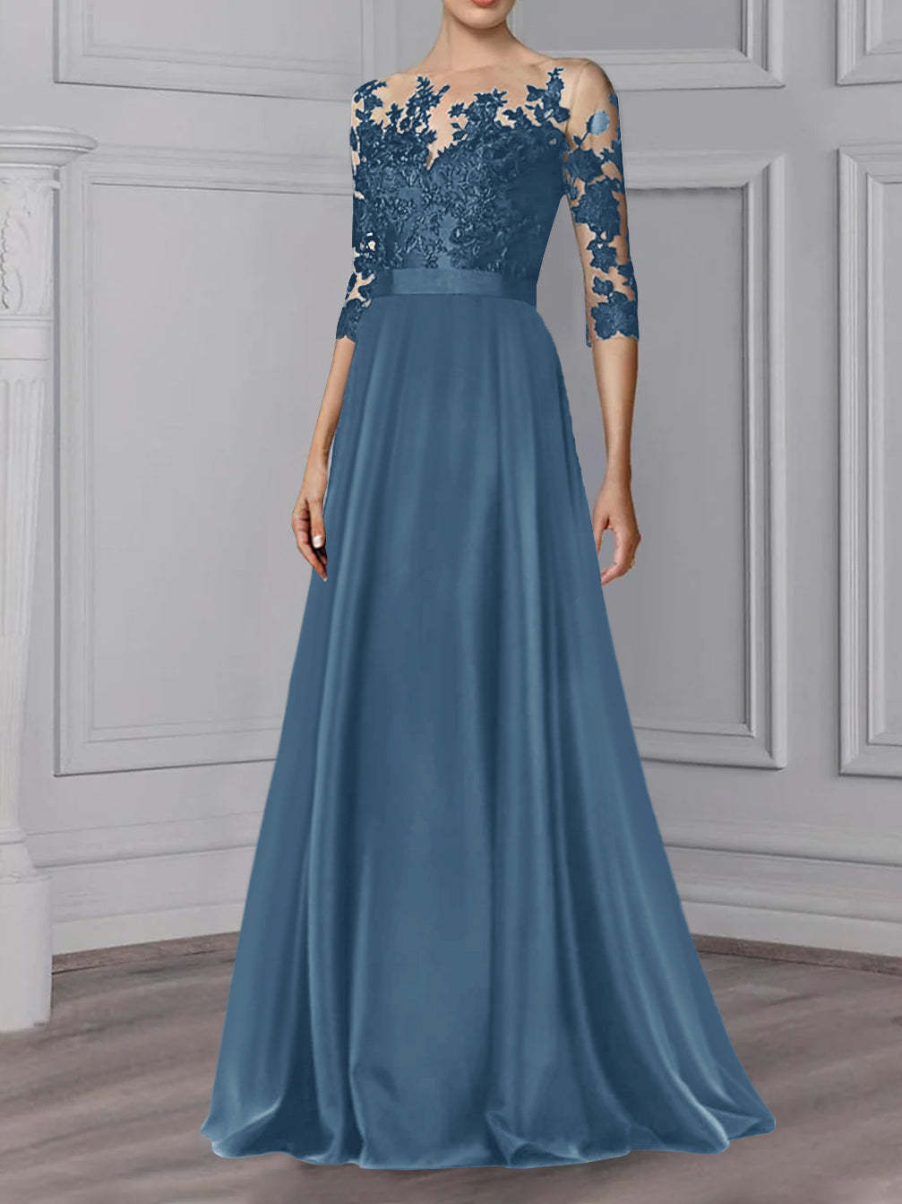 Floor-Length Mother of the Bride A-Line Dress with Jewel Neck and 3/4 Sleeves