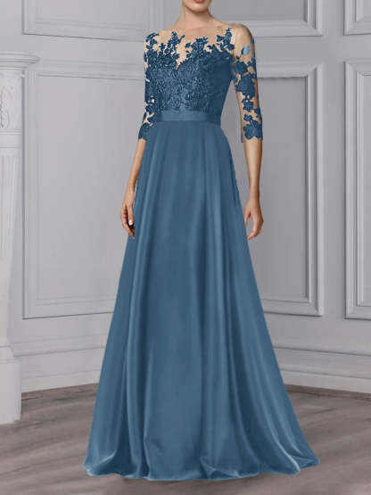 Floor-Length Mother of the Bride A-Line Dress with Jewel Neck and 3/4 Sleeves