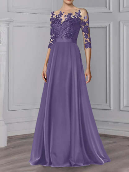 Floor-Length Mother of the Bride A-Line Dress with Jewel Neck and 3/4 Sleeves