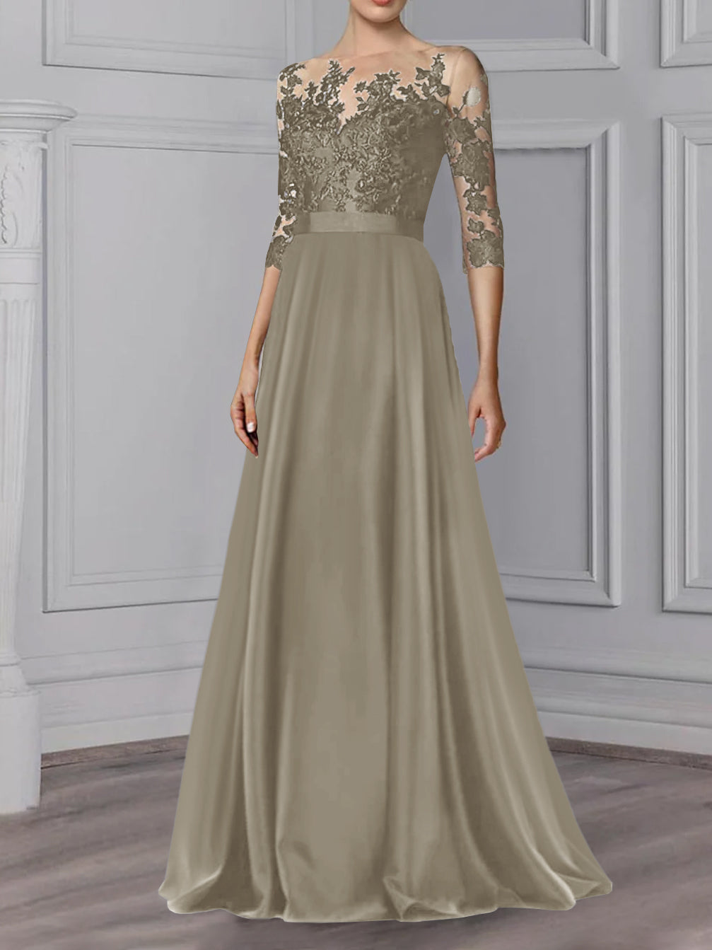 Floor-Length Mother of the Bride A-Line Dress with Jewel Neck and 3/4 Sleeves