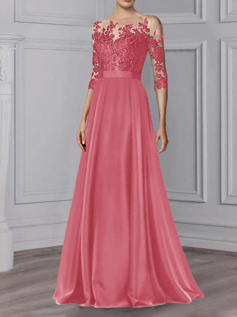 Floor-Length Mother of the Bride A-Line Dress with Jewel Neck and 3/4 Sleeves