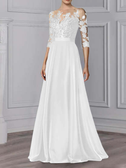 Floor-Length Mother of the Bride A-Line Dress with Jewel Neck and 3/4 Sleeves