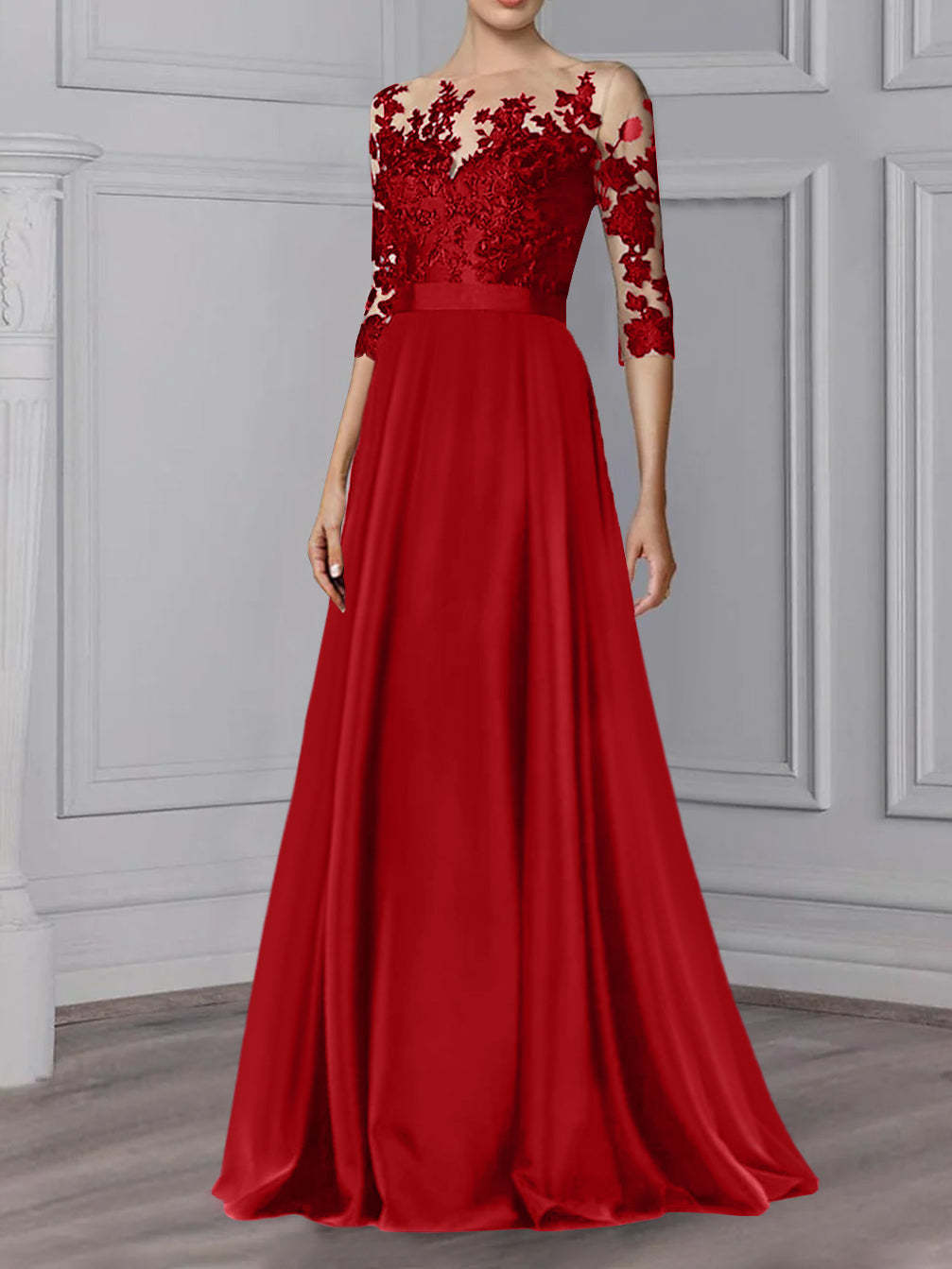 Floor-Length Mother of the Bride A-Line Dress with Jewel Neck and 3/4 Sleeves