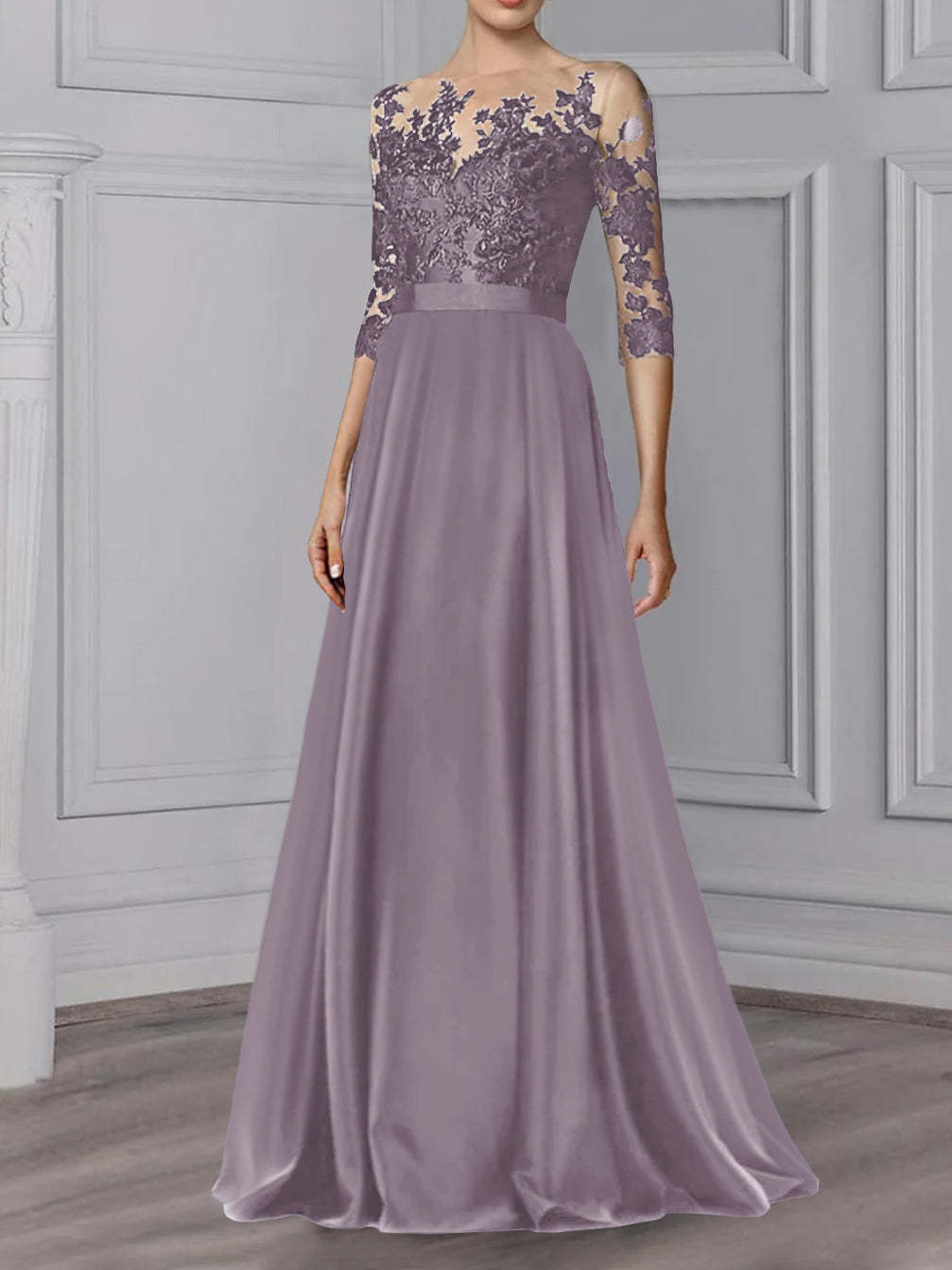Floor-Length Mother of the Bride A-Line Dress with Jewel Neck and 3/4 Sleeves