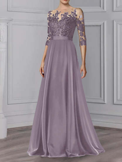 Floor-Length Mother of the Bride A-Line Dress with Jewel Neck and 3/4 Sleeves