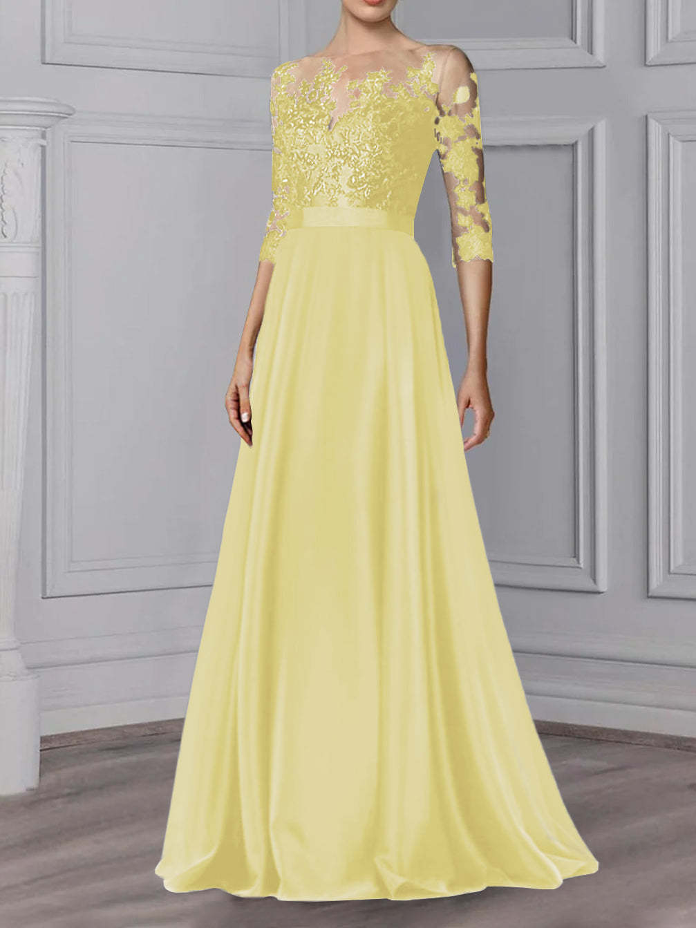 Floor-Length Mother of the Bride A-Line Dress with Jewel Neck and 3/4 Sleeves