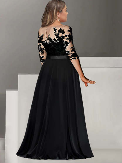 Floor-Length Mother of the Bride A-Line Dress with Jewel Neck and 3/4 Sleeves