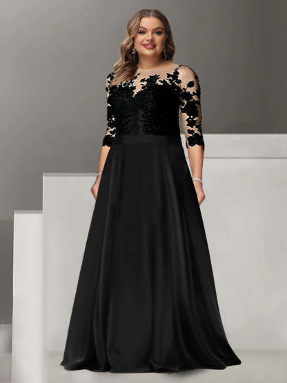 Floor-Length Mother of the Bride A-Line Dress with Jewel Neck and 3/4 Sleeves