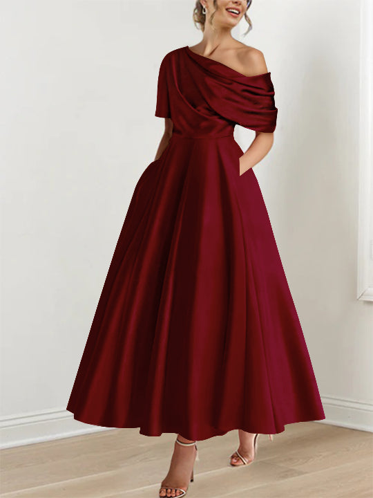 One-shoulder A-line Princess ankle-length bridal mother dress with ruffles and half sleeves