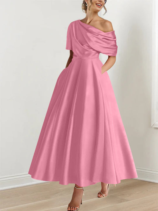 One-shoulder A-line Princess ankle-length bridal mother dress with ruffles and half sleeves