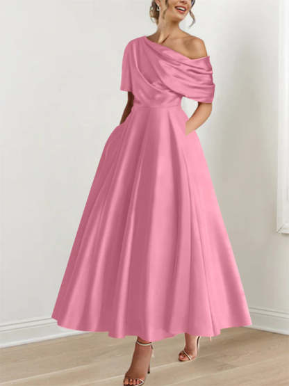 One-shoulder A-line Princess ankle-length bridal mother dress with ruffles and half sleeves