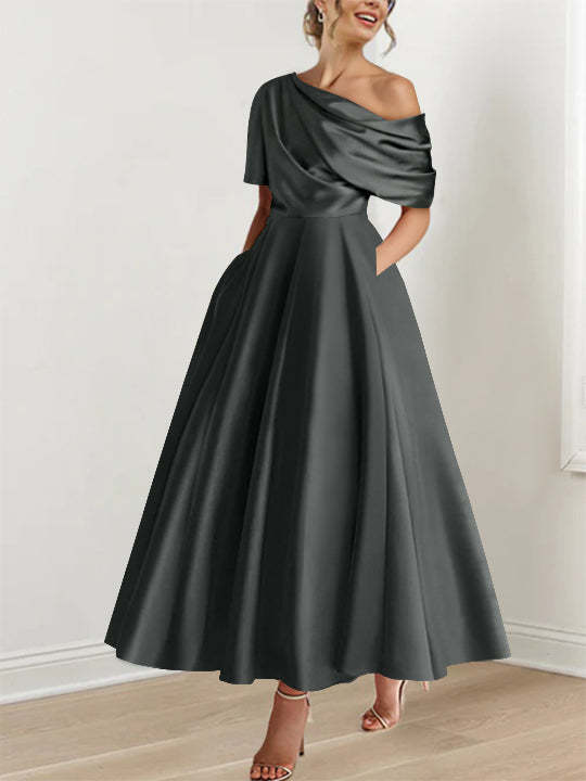 One-shoulder A-line Princess ankle-length bridal mother dress with ruffles and half sleeves