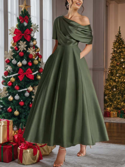 One-shoulder A-line Princess ankle-length bridal mother dress with ruffles and half sleeves