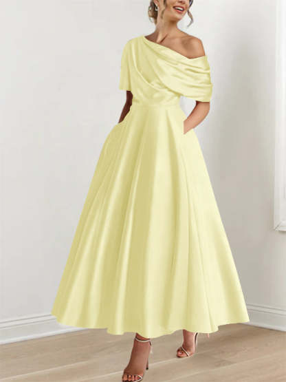 One-shoulder A-line Princess ankle-length bridal mother dress with ruffles and half sleeves