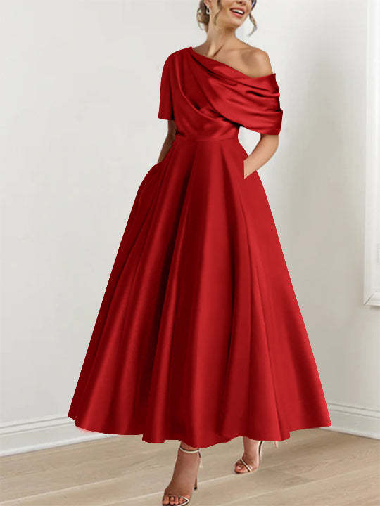 One-shoulder A-line Princess ankle-length bridal mother dress with ruffles and half sleeves