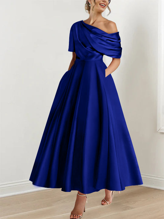 One-shoulder A-line Princess ankle-length bridal mother dress with ruffles and half sleeves