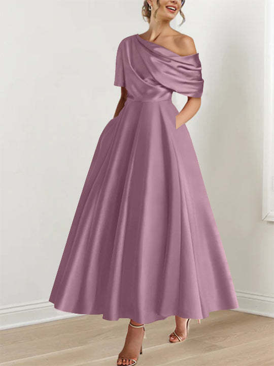 One-shoulder A-line Princess ankle-length bridal mother dress with ruffles and half sleeves