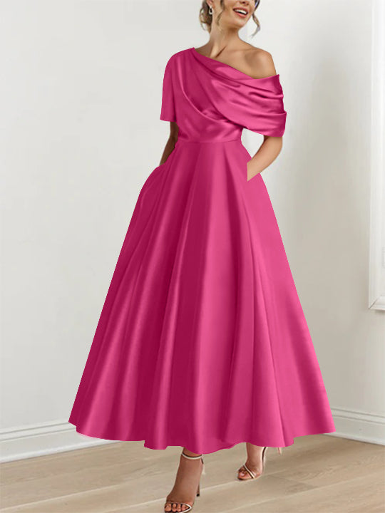 One-shoulder A-line Princess ankle-length bridal mother dress with ruffles and half sleeves