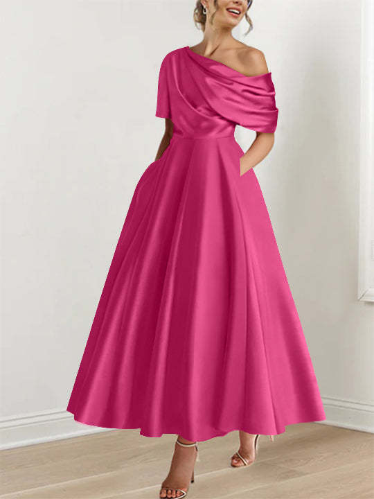 One-shoulder A-line Princess ankle-length bridal mother dress with ruffles and half sleeves