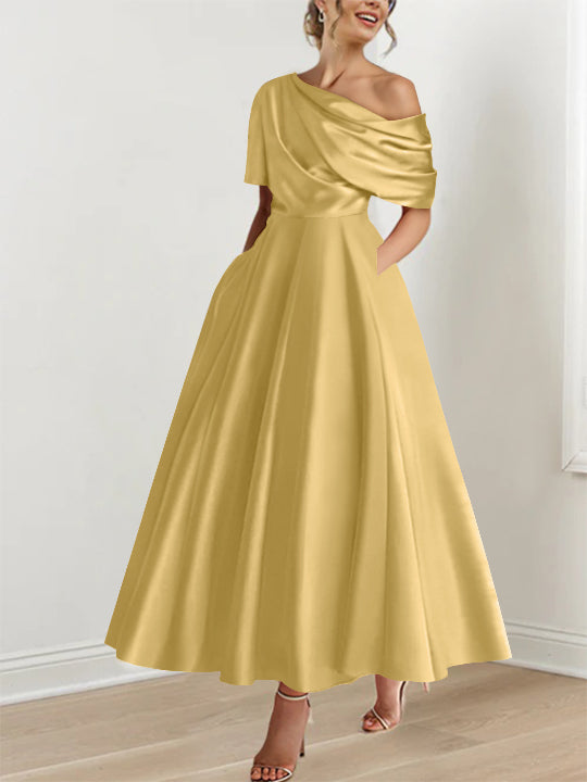 One-shoulder A-line Princess ankle-length bridal mother dress with ruffles and half sleeves