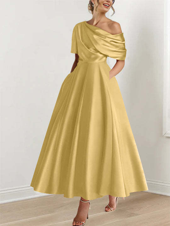 One-shoulder A-line Princess ankle-length bridal mother dress with ruffles and half sleeves