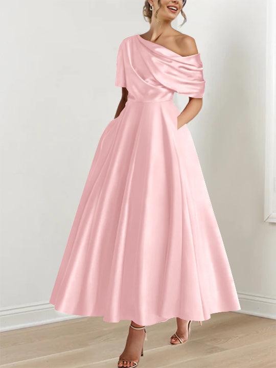 One-shoulder A-line Princess ankle-length bridal mother dress with ruffles and half sleeves