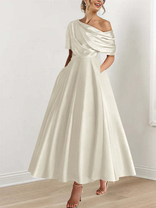 One-shoulder A-line Princess ankle-length bridal mother dress with ruffles and half sleeves
