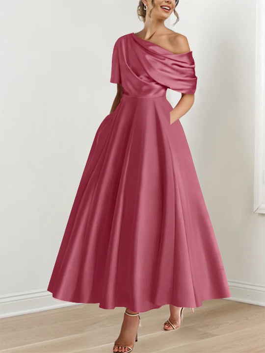 One-shoulder A-line Princess ankle-length bridal mother dress with ruffles and half sleeves