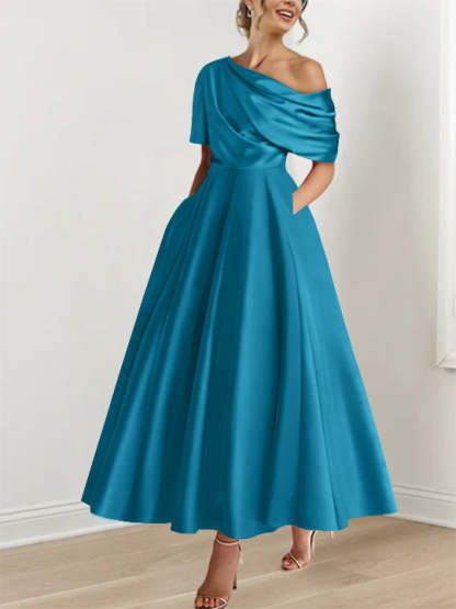 One-shoulder A-line Princess ankle-length bridal mother dress with ruffles and half sleeves