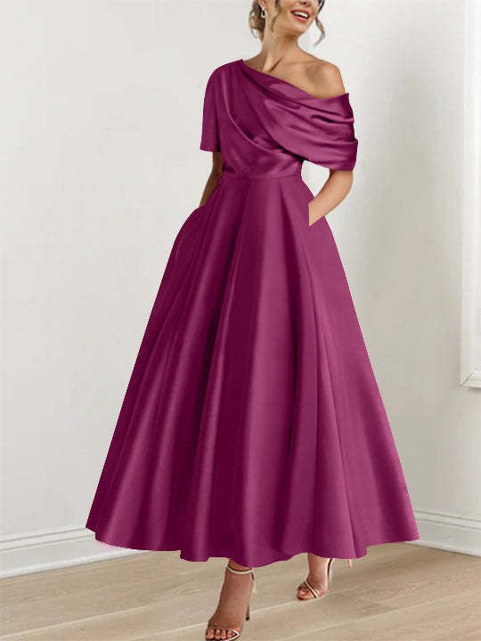 One-shoulder A-line Princess ankle-length bridal mother dress with ruffles and half sleeves