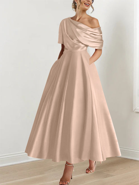 One-shoulder A-line Princess ankle-length bridal mother dress with ruffles and half sleeves
