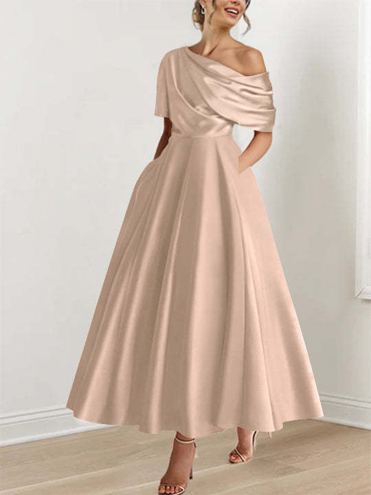 One-shoulder A-line Princess ankle-length bridal mother dress with ruffles and half sleeves