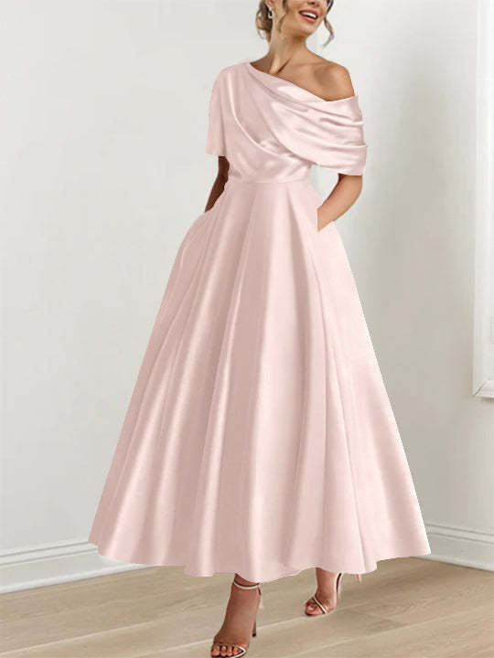 One-shoulder A-line Princess ankle-length bridal mother dress with ruffles and half sleeves
