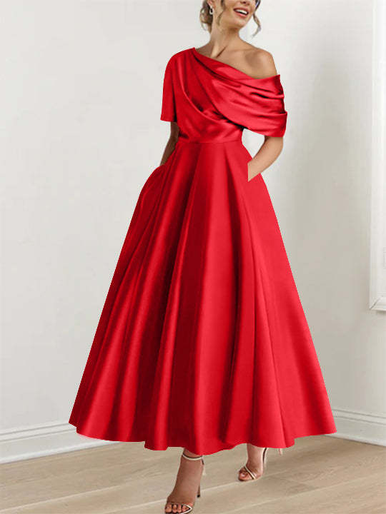 One-shoulder A-line Princess ankle-length bridal mother dress with ruffles and half sleeves