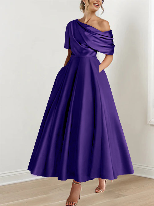 One-shoulder A-line Princess ankle-length bridal mother dress with ruffles and half sleeves