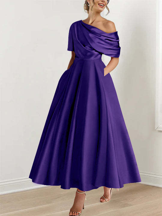 One-shoulder A-line Princess ankle-length bridal mother dress with ruffles and half sleeves