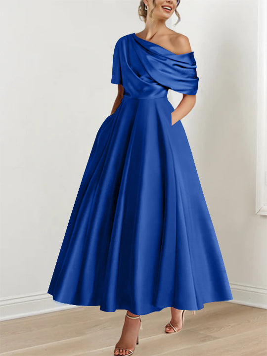 One-shoulder A-line Princess ankle-length bridal mother dress with ruffles and half sleeves