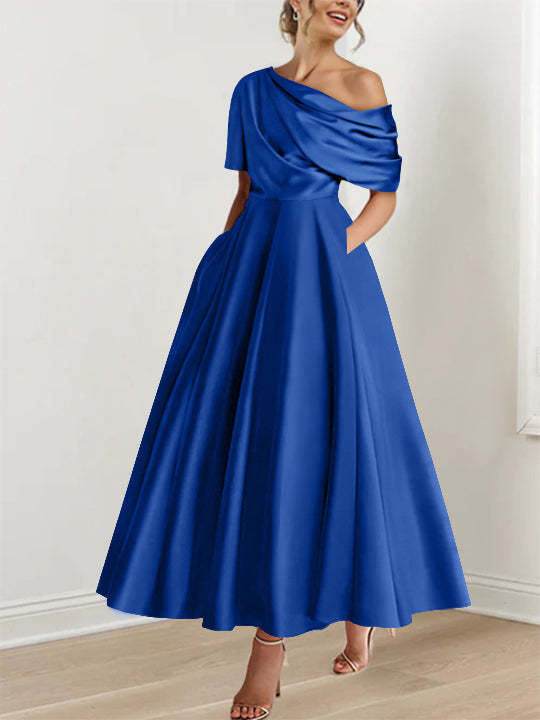 One-shoulder A-line Princess ankle-length bridal mother dress with ruffles and half sleeves