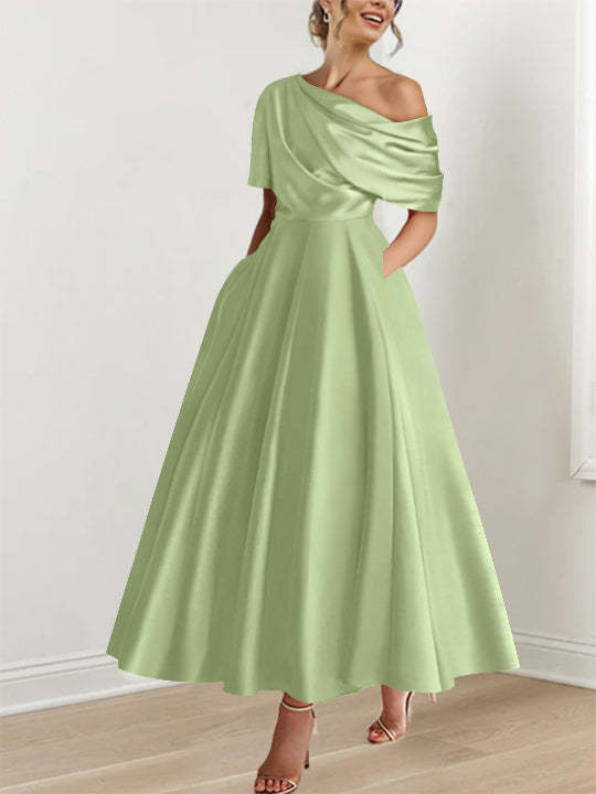 One-shoulder A-line Princess ankle-length bridal mother dress with ruffles and half sleeves