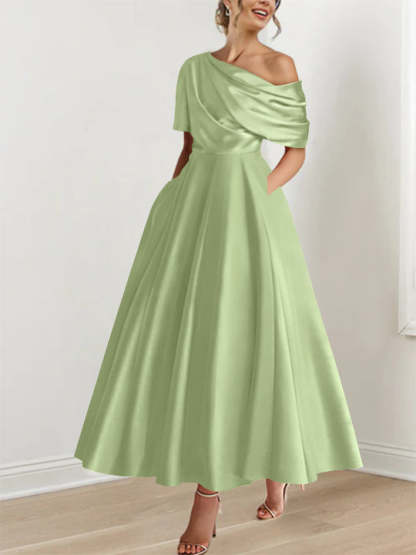 One-shoulder A-line Princess ankle-length bridal mother dress with ruffles and half sleeves